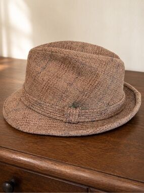 Vintage Stevens Wool Tweed Fedora Trilby Hat Brown USA Size 7¼ Mid Century